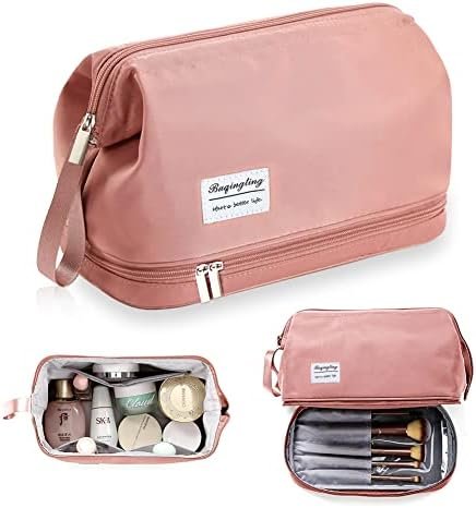 Large Travel Makeup Bag, Double Layer Cosmetic Bag for Women, Portable Toiletry Bags with Zipper Pouch, Make Up Storage Case Organizer for Toiletries & Brushes (Pink)