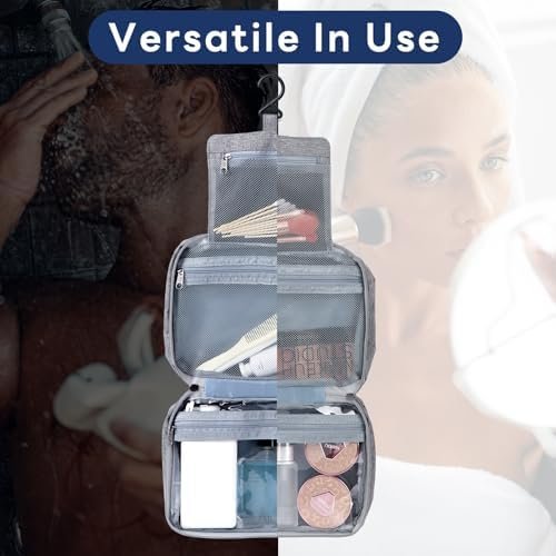 Vinonzi Travel Toiletry Bag, Hanging Makeup Organizer Storage Bag, Portable Mens Handheld Folding Waterproof Cosmetic Toiletry Bag for Toiletries Accessories (Grey)