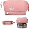Large Travel Makeup Bag, Double Layer Cosmetic Bag for Women, Portable Toiletry Bags with Zipper Pouch, Make Up Storage Case Organizer for Toiletries & Brushes (Pink)