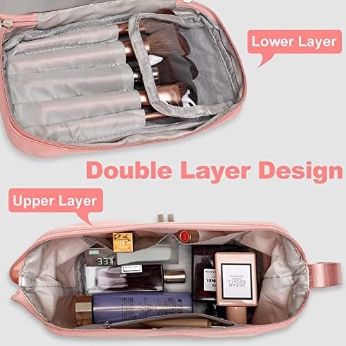 Large Travel Makeup Bag, Double Layer Cosmetic Bag for Women, Portable Toiletry Bags with Zipper Pouch, Make Up Storage Case Organizer for Toiletries & Brushes (Pink)