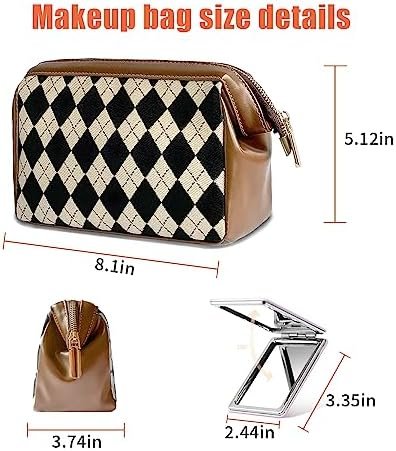 LOLDREAM Portable Clutch Checkered Makeup Bag,Large Capacity Travel Cosmetic Bag,PU Leather Waterproof Toiletry Bag,Electronics Accessories Organizer,Wide Open Pouch for Women(Black)