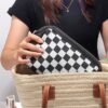 LOLDREAM Portable Clutch Checkered Makeup Bag,Large Capacity Travel Cosmetic Bag,PU Leather Waterproof Toiletry Bag,Electronics Accessories Organizer,Wide Open Pouch for Women(Black)