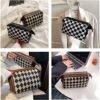 LOLDREAM Portable Clutch Checkered Makeup Bag,Large Capacity Travel Cosmetic Bag,PU Leather Waterproof Toiletry Bag,Electronics Accessories Organizer,Wide Open Pouch for Women(Black)