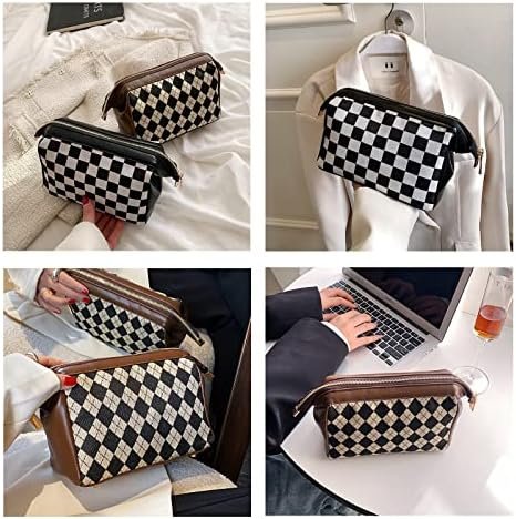 LOLDREAM Portable Clutch Checkered Makeup Bag,Large Capacity Travel Cosmetic Bag,PU Leather Waterproof Toiletry Bag,Electronics Accessories Organizer,Wide Open Pouch for Women(Black)