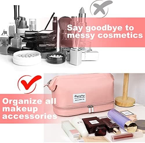 Large Travel Makeup Bag, Double Layer Cosmetic Bag for Women, Portable Toiletry Bags with Zipper Pouch, Make Up Storage Case Organizer for Toiletries & Brushes (Pink)