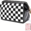 LOLDREAM Portable Clutch Checkered Makeup Bag,Large Capacity Travel Cosmetic Bag,PU Leather Waterproof Toiletry Bag,Electronics Accessories Organizer,Wide Open Pouch for Women(Black)