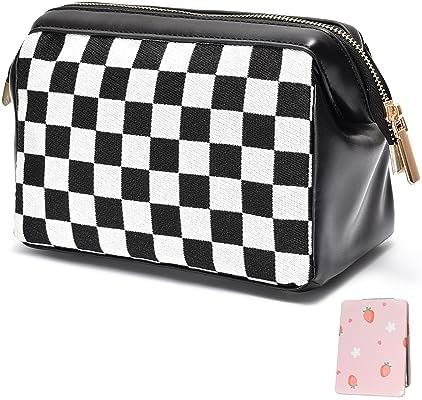 LOLDREAM Portable Clutch Checkered Makeup Bag,Large Capacity Travel Cosmetic Bag,PU Leather Waterproof Toiletry Bag,Electronics Accessories Organizer,Wide Open Pouch for Women(Black)