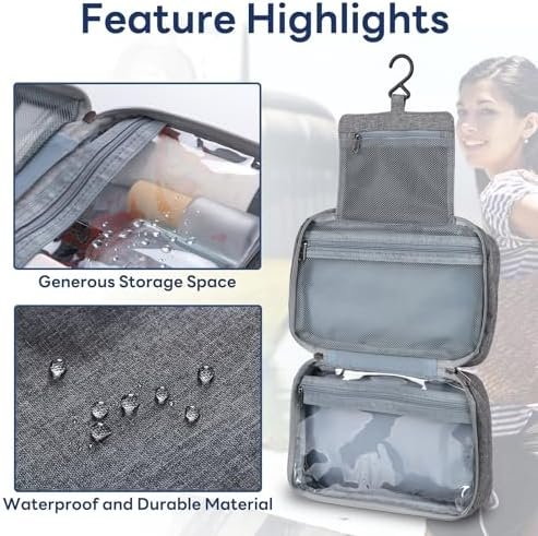 Vinonzi Travel Toiletry Bag, Hanging Makeup Organizer Storage Bag, Portable Mens Handheld Folding Waterproof Cosmetic Toiletry Bag for Toiletries Accessories (Grey)