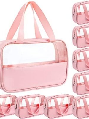 9 Pcs Toiletry Bag for Women Men Translucent Make up Bag Waterproof Travel Makeup Bag Portable Cosmetic Travel Bag with Hanging Handles Travel Storage Carry Pouch, 10.2 x 6.3 x 2.8 Inches (Pink)