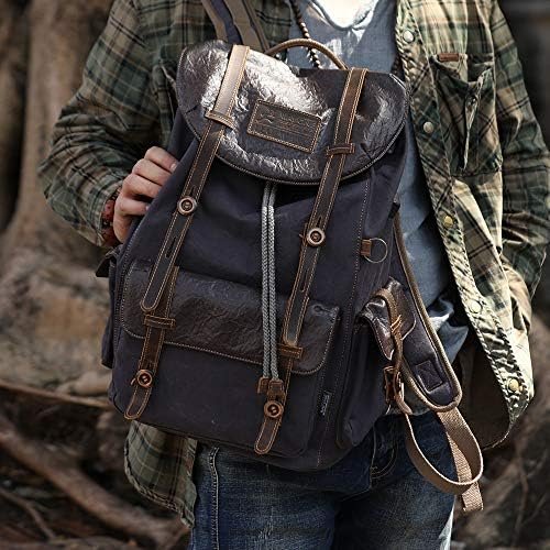 51Y8DTqg4uL._AC_.jpg WAY ONE Premium Canvas and Leather Backpack Men Vintage Carry on Knapsack Rucksack Travel Laptop Backpacks Brown and Grey