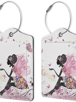 2 Pack Luggage Tags for Suitcase,Pink Butterfly Flower Fairy Luggage Tag,Leather Suitcase Tags Name ID Labels with Privacy Cover for Women Men Travel