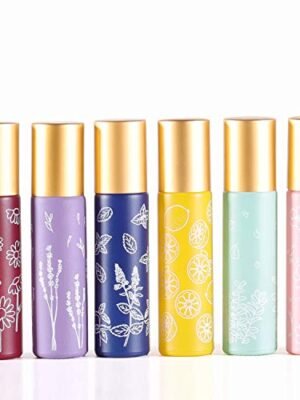 6 Pcs 10ml 1/3 Oz Glass Roll On Bottles,Empty Glass Roller Bottles With Stainless Steel Roller Balls,Golden Aluminum Lid-6 Printed Flower Style Travel Vial Container