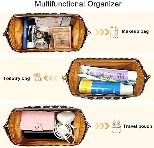 LOLDREAM Portable Clutch Checkered Makeup Bag,Large Capacity Travel Cosmetic Bag,PU Leather Waterproof Toiletry Bag,Electronics Accessories Organizer,Wide Open Pouch for Women(Black)