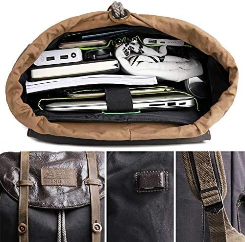51gMyYaa16L._AC_.jpg WAY ONE Premium Canvas and Leather Backpack Men Vintage Carry on Knapsack Rucksack Travel Laptop Backpacks Brown and Grey
