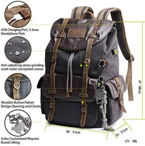 51nRLwnwNQL._AC_.jpg WAY ONE Premium Canvas and Leather Backpack Men Vintage Carry on Knapsack Rucksack Travel Laptop Backpacks Brown and Grey