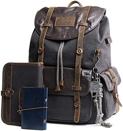 51ndDa41wVL._AC_.jpg WAY ONE Premium Canvas and Leather Backpack Men Vintage Carry on Knapsack Rucksack Travel Laptop Backpacks Brown and Grey