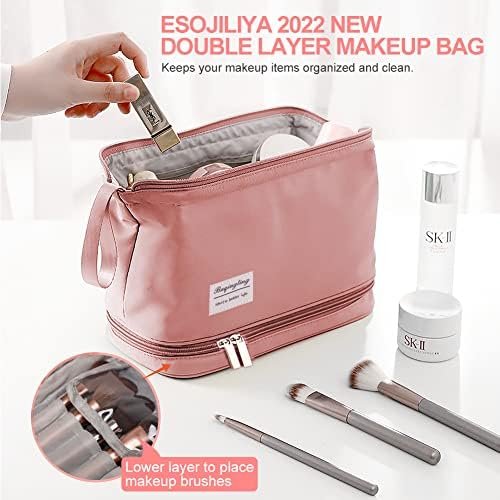 Large Travel Makeup Bag, Double Layer Cosmetic Bag for Women, Portable Toiletry Bags with Zipper Pouch, Make Up Storage Case Organizer for Toiletries & Brushes (Pink)
