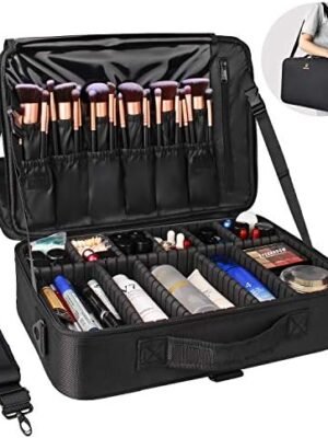 Relavel Makeup Bag Travel Makeup Train Case Large Cosmetic Case Professional Portable Makeup Brush Holder Organizer and Storage with Adjustable Dividers (black L)