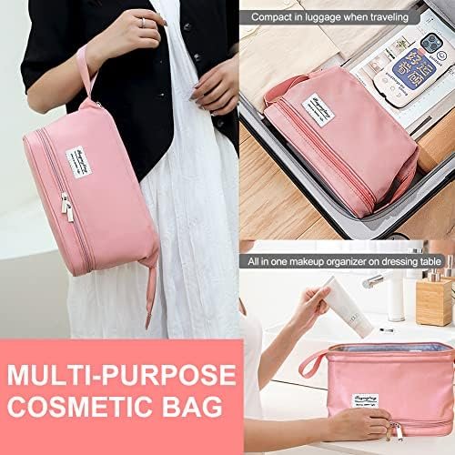 Large Travel Makeup Bag, Double Layer Cosmetic Bag for Women, Portable Toiletry Bags with Zipper Pouch, Make Up Storage Case Organizer for Toiletries & Brushes (Pink)