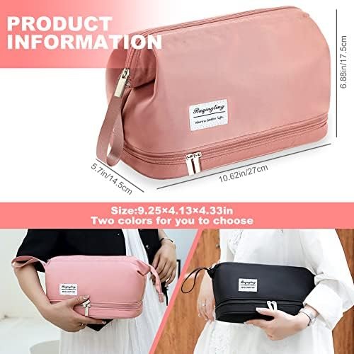 Large Travel Makeup Bag, Double Layer Cosmetic Bag for Women, Portable Toiletry Bags with Zipper Pouch, Make Up Storage Case Organizer for Toiletries & Brushes (Pink)