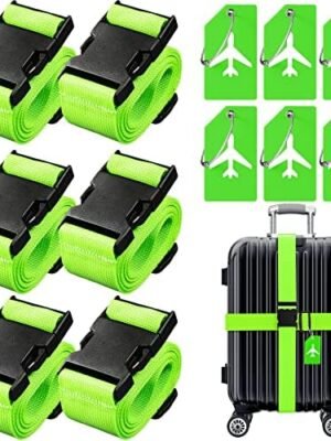 6 Pack Luggage Straps Set Adjustable Belts and Silicone Luggage Tags with Name ID Card for Suitcase Accessories