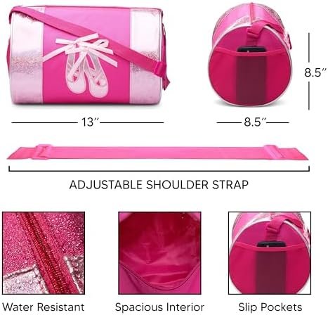 Water-resistance Dance Ballet Slippers Duffel Bag, Kids Travel Bag with Adjustable Carry On Pouch, Dance Accessories For Girls, Teens (Hot Pink/Pink)