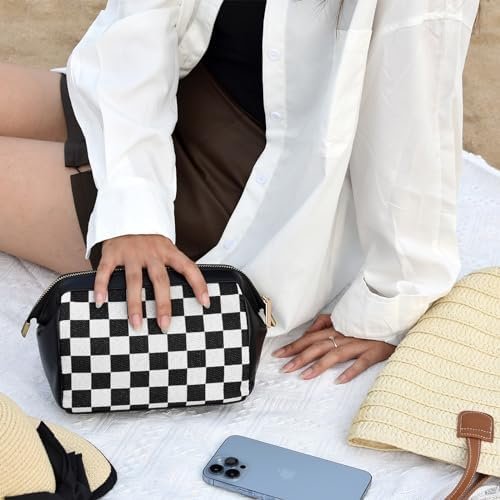LOLDREAM Portable Clutch Checkered Makeup Bag,Large Capacity Travel Cosmetic Bag,PU Leather Waterproof Toiletry Bag,Electronics Accessories Organizer,Wide Open Pouch for Women(Black)