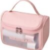 Travel Toiletry Bag for Women Girls, Large Capacity Durable & Leak Resistant Toiletry Storage Bag, Translucent Waterproof Makeup Cosmetic Organizer Bag for Travelling Accessories (Pink)
