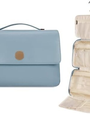 Toiletry Bag for Women, Hanging Travel Makeup Organizer with 4 Compartments, Pu Leather Waterproof Toiletry Cosmetic Bag for Full Sized Toiletries Blue