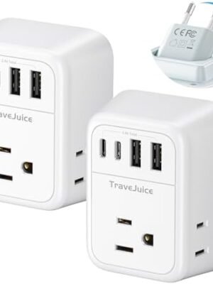 [2-Pack] Type C Plug Adapter, TraveJuice Foldable European Travel Plug Adapter with 4 Outlets 4 USB Ports (2 USB-C), US to EU Power Adapter, Travel Essentials to Most of Europe