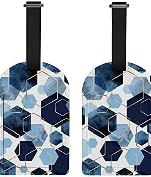 2 Pcs Leather Luggage Tags with Name ID Card Full Privacy Cover Perfect to Quickly Spot Travel Accessories Sets for Suitcase Backpack Modern Blue Geometric Polygons