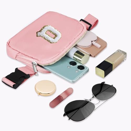 41S5Fiyg3hL._AC_.jpg Pink Belt Bag Small Waist Fanny Pack Crossbody Purse with Initial Chenille Letter Patch for Teenage Girls Personalized Easter Day Gift, Chest Hip Bum Cross Body Pouch Travel Accessories (Q)