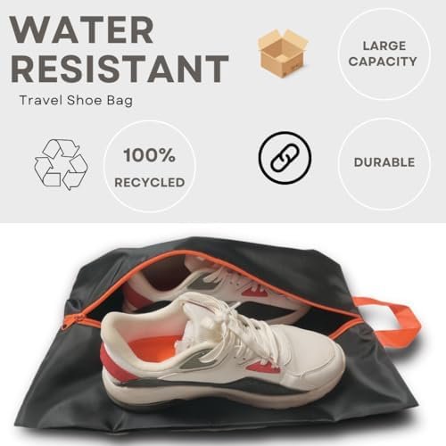 Pack of 2 TEAM FIDELIS Water Resistant, Durable Travel Shoe Bags, 100% Recycled Shoe Storage Organizer Shoe Pouch with Zipper, for Men and Women (Black)