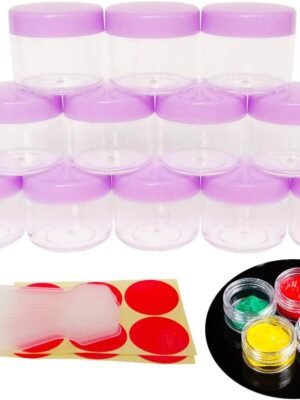 Wopanxye 12pcs 20 Gram 20ml Small Empty Sample Jars, Refillable Cosmetic Container, Plastic Round Pot Purple Screw Cap Lid, Tiny 20g Bottle Travel Size for Makeup Eye-shadow Nails Salves Ointments