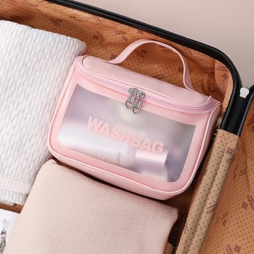 51NwGFtl1EL._AC_.jpg Travel Toiletry Bag for Women Girls, Large Capacity Durable & Leak Resistant Toiletry Storage Bag, Translucent Waterproof Makeup Cosmetic Organizer Bag for Travelling Accessories (Pink)
