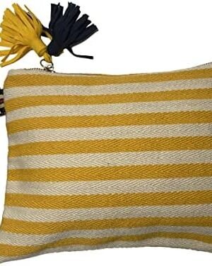 Canvas Stripe Makeup Bag with Removable Wrist Strap, Soft Large Capacity Cosmetic Bag Pouch ，Travel Toiletry Bag Accessories Organizer (Yellow)