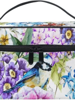 ZOEO Makeup Train Case Blue Bird Butterfly Flower Garden Korean Carrying Portable Zip Travel Cosmetic Brush Bag Organizer Large for Girls Women