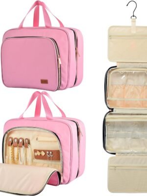 Toiletry Bag for Women, Large Cosmetic Travel Bag, Hanging Toiletry Bag for Bathroom, Waterproof Travel Makeup Bags, Toiletries Bag for Travel Business Trips and Camping, Pink