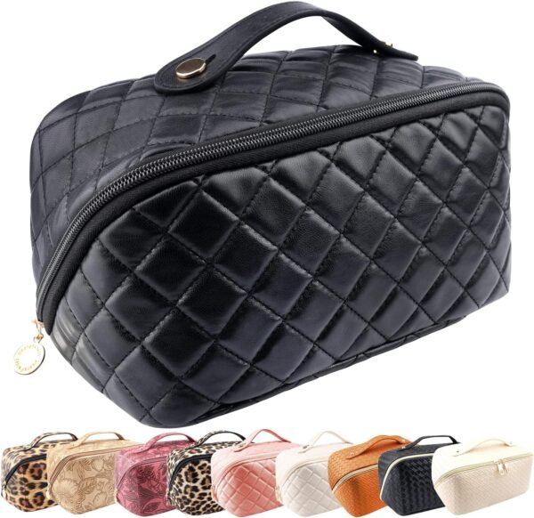 Large Capacity Travel Cosmetic Bag with Free Makeup Pouch,PU Leather Waterproof Makeup Bag Organizer,Lay Flat Travel Makeup Bag With Handle and Divider (MakeupBag-PP)