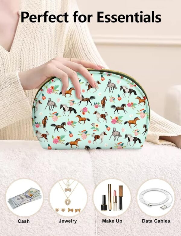 Green Horse Makeup Bag for Girls Half Moon Cosmetic Bag Travel Toiletry Bag Portable Small Makeup Pouch for Purse Makeup Brush Storage Bag Valentine's Day Gifts