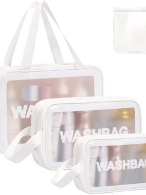 4PCS Clear Toiletry Bags, Wash Bag, Clear PU Makeup Bag, Waterproof Toiletry Travel Bag with Zipper Handle, Portable Airport Cosmetic Bag for Travel Bathroom Men Women (White)