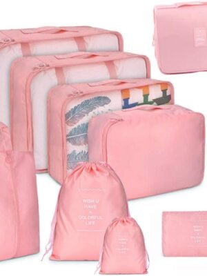 Belsmi 9 Set Packing Cubes With Shoe Bag – Compression Travel Luggage Organizer (Style B – 9pcs Pink)