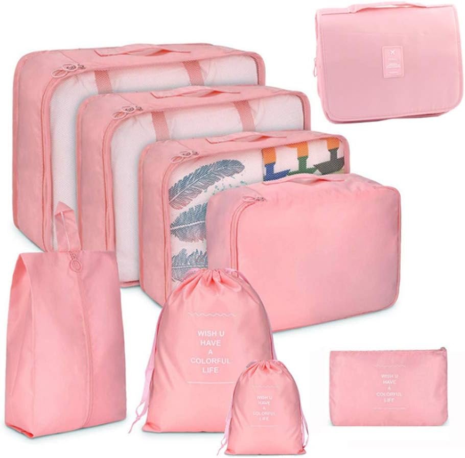 Belsmi 9 Set Packing Cubes With Shoe Bag – Compression Travel Luggage Organizer (Style B – 9pcs Pink)