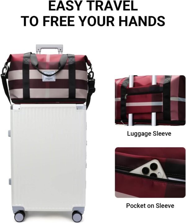 Large Capacity Weekend Expandable Duffle Bag with Luggage Sleeve, Wet Pockets, Adjustable Shoulder Strap, Overnight Tote Bag for Women, Waterproof Nylon Carry on Travel Bag for Airplanes