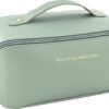 SLIFOUE Large Capacity Travel Cosmetic Bag,Makeup Bag,Waterproof Portable Leather Makeup Organizer Bag with Dividers and Handle(Green)