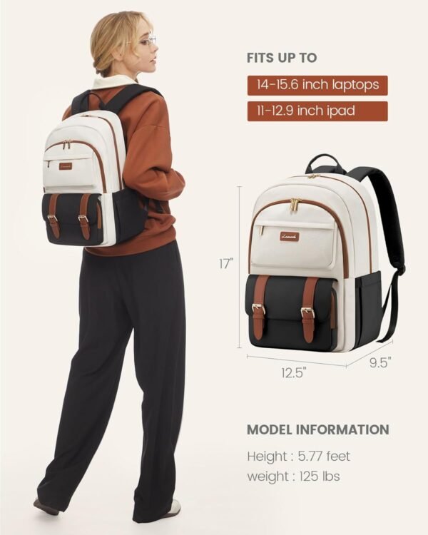 LOVEVOOK College Backpack for Women Fit 15.6 Inch Laptop, Cute Aesthetic Backpack for 14-16 Year Olds, Large Capacity Travel Work Backpack Purse for Nurse Teacher, Black-White-Brown