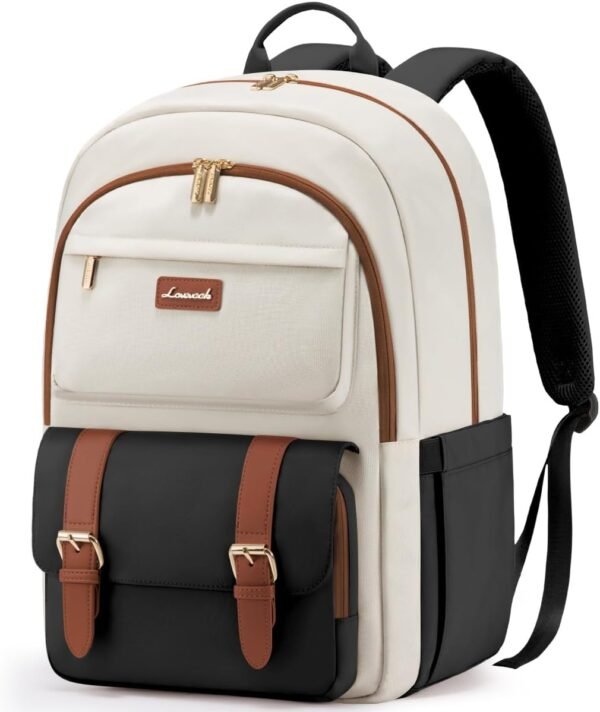 LOVEVOOK College Backpack for Women Fit 15.6 Inch Laptop, Cute Aesthetic Backpack for 14-16 Year Olds, Large Capacity Travel Work Backpack Purse for Nurse Teacher, Black-White-Brown