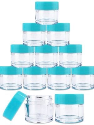 Beauticom 7 Gram / 7 ML (Quantity: 12 Pieces) Thick Wall Round Leak Proof Clear Acrylic Jars with Teal Lids for Beauty, Cream, Cosmetics, Salves, Scrubs