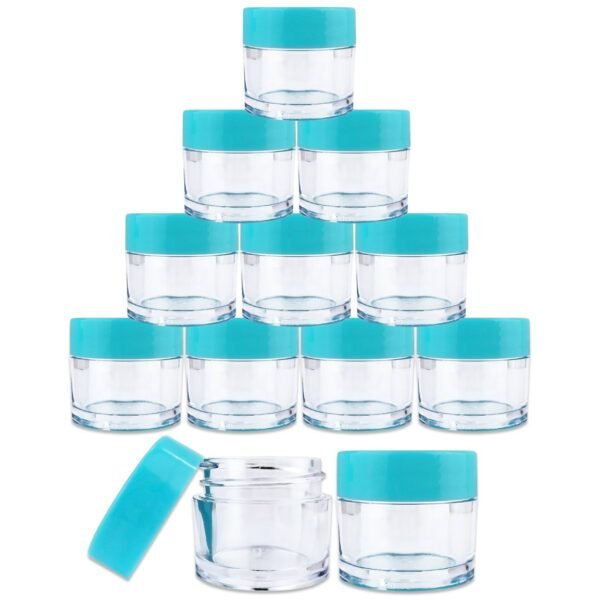 Beauticom 7 Gram / 7 ML (Quantity: 12 Pieces) Thick Wall Round Leak Proof Clear Acrylic Jars with Teal Lids for Beauty, Cream, Cosmetics, Salves, Scrubs