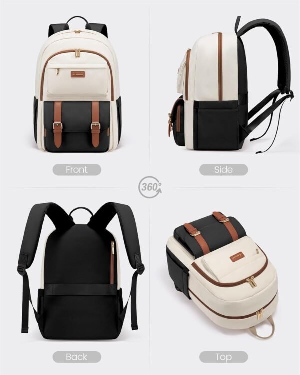 LOVEVOOK College Backpack for Women Fit 15.6 Inch Laptop, Cute Aesthetic Backpack for 14-16 Year Olds, Large Capacity Travel Work Backpack Purse for Nurse Teacher, Black-White-Brown